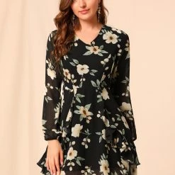 Allegra K Women's Floral Print V Neck Ruffle Front Belted Flowy Dress 40 Allegra K Women's Floral Print V Neck Ruffle Front Belted Flowy Dress