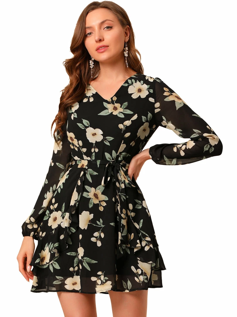 Allegra K Women's Floral Print V Neck Ruffle Front Belted Flowy Dress 17 Allegra K Women's Floral Print V Neck Ruffle Front Belted Flowy Dress