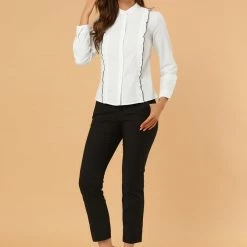 Allegra K Women's Stand Collar Tops Long Sleeve Button Up Contrast Piping Ruffle Trim Career Blouse Shirt