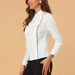 Allegra K Women's Stand Collar Tops Long Sleeve Button Up Contrast Piping Ruffle Trim Career Blouse Shirt