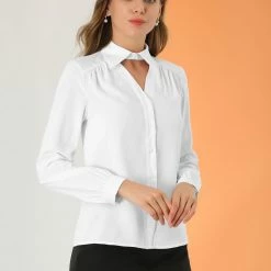 Allegra K Women's Choker Neck Blouse Long Sleeve Turn Down Collar Work Shirt 13 Allegra K Women's Choker Neck Blouse Long Sleeve Turn Down Collar Work Shirt