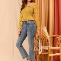 Allegra K Women's Ruffle Square Neck Long Sleeve Texture Floral Smocked Blouse Top