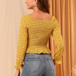 Allegra K Women's Ruffle Square Neck Long Sleeve Texture Floral Smocked Blouse Top