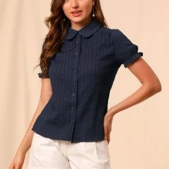 Allegra K Women's Cotton Frilled Top Turndown Collar Solid Blouse Shirt
