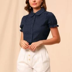 Allegra K Women's Cotton Frilled Top Turndown Collar Solid Blouse Shirt