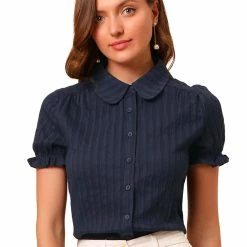 Allegra K Women's Cotton Frilled Top Turndown Collar Solid Blouse Shirt