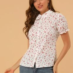 Allegra K Women's Cotton Frilled Top Turndown Collar Solid Blouse Shirt