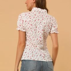 Allegra K Women's Cotton Frilled Top Turndown Collar Solid Blouse Shirt