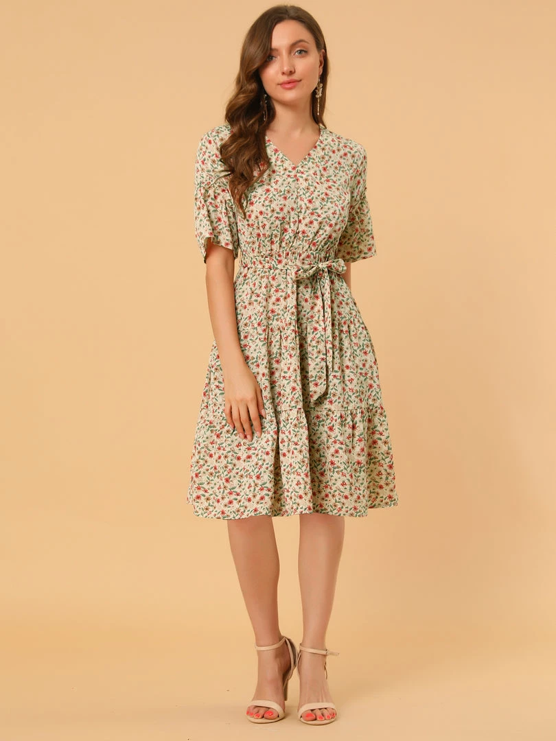 Allegra K Women's Tiered Ruffle Hem Elastic Tie Waist V Neck Bell Sleeve Floral Dress 17 Allegra K Women's Tiered Ruffle Hem Elastic Tie Waist V Neck Bell Sleeve Floral Dress