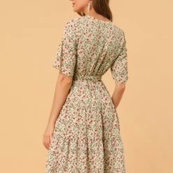 Allegra K Women's Tiered Ruffle Hem Elastic Tie Waist V Neck Bell Sleeve Floral Dress 38 Allegra K Women's Tiered Ruffle Hem Elastic Tie Waist V Neck Bell Sleeve Floral Dress