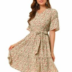 Allegra K Women's Tiered Ruffle Hem Elastic Tie Waist V Neck Bell Sleeve Floral Dress 34 Allegra K Women's Tiered Ruffle Hem Elastic Tie Waist V Neck Bell Sleeve Floral Dress