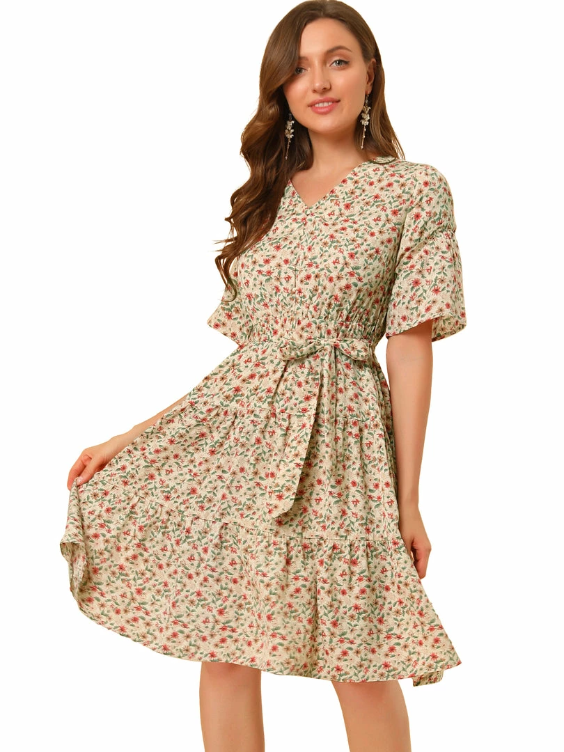 Allegra K Women's Tiered Ruffle Hem Elastic Tie Waist V Neck Bell Sleeve Floral Dress 16 Allegra K Women's Tiered Ruffle Hem Elastic Tie Waist V Neck Bell Sleeve Floral Dress