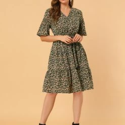 Allegra K Women's Tiered Ruffle Hem Elastic Tie Waist V Neck Bell Sleeve Floral Dress 29 Allegra K Women's Tiered Ruffle Hem Elastic Tie Waist V Neck Bell Sleeve Floral Dress