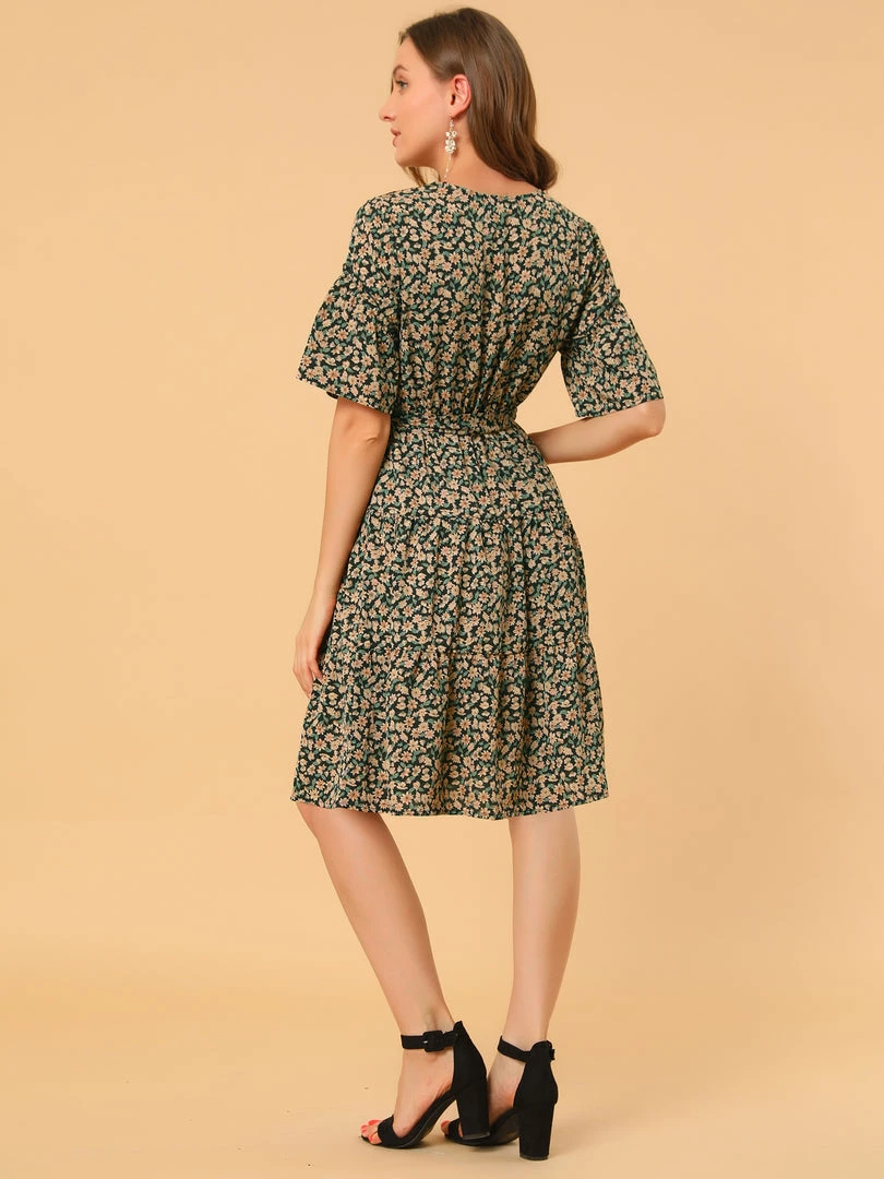 Allegra K Women's Tiered Ruffle Hem Elastic Tie Waist V Neck Bell Sleeve Floral Dress 14 Allegra K Women's Tiered Ruffle Hem Elastic Tie Waist V Neck Bell Sleeve Floral Dress