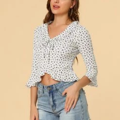 Allegra K Women's Floral Blouse Ruffles Neck 3/4 Ruffle Sleeve Frilled Top
