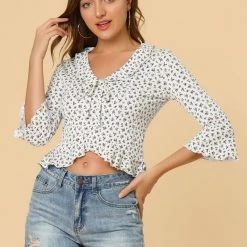 Allegra K Women's Floral Blouse Ruffles Neck 3/4 Ruffle Sleeve Frilled Top