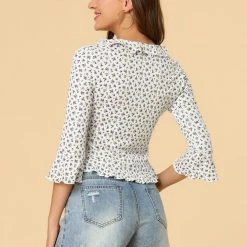 Allegra K Women's Floral Blouse Ruffles Neck 3/4 Ruffle Sleeve Frilled Top