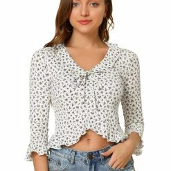 Allegra K Women's Floral Blouse Ruffles Neck 3/4 Ruffle Sleeve Frilled Top