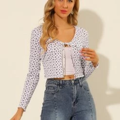 Allegra K Women's Tie Front Bolero Shrug Long Sleeve Knit Floral Crop Cardigan