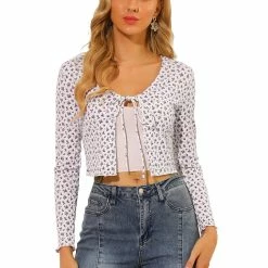 Allegra K Women's Tie Front Bolero Shrug Long Sleeve Knit Floral Crop Cardigan