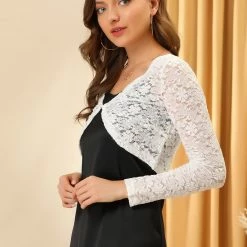 Allegra K Women's Stretch Sheer Long Sleeve Elegant Cardigan Floral Lace Shrug