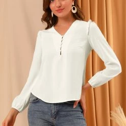 Allegra K Women's V Neck Half Button Placket Office Career Ruffle Long Sleeve Blouses 12 Allegra K Women's V Neck Half Button Placket Office Career Ruffle Long Sleeve Blouses