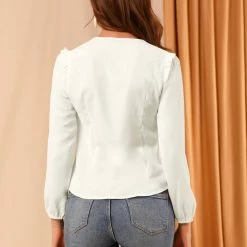 Allegra K Women's V Neck Half Button Placket Office Career Ruffle Long Sleeve Blouses 14 Allegra K Women's V Neck Half Button Placket Office Career Ruffle Long Sleeve Blouses