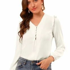 Allegra K Women's V Neck Half Button Placket Office Career Ruffle Long Sleeve Blouses