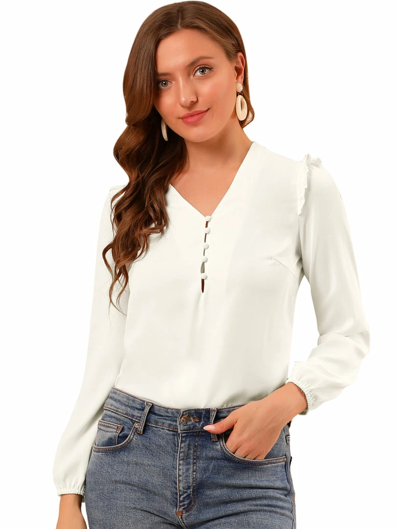Allegra K Women's V Neck Half Button Placket Office Career Ruffle Long Sleeve Blouses 4 Allegra K Women's V Neck Half Button Placket Office Career Ruffle Long Sleeve Blouses