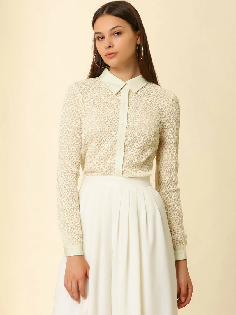 Allegra K Women's Lace Elegant Casual Long Sleeve Button Down Shirt 6 Allegra K Women's Lace Elegant Casual Long Sleeve Button Down Shirt