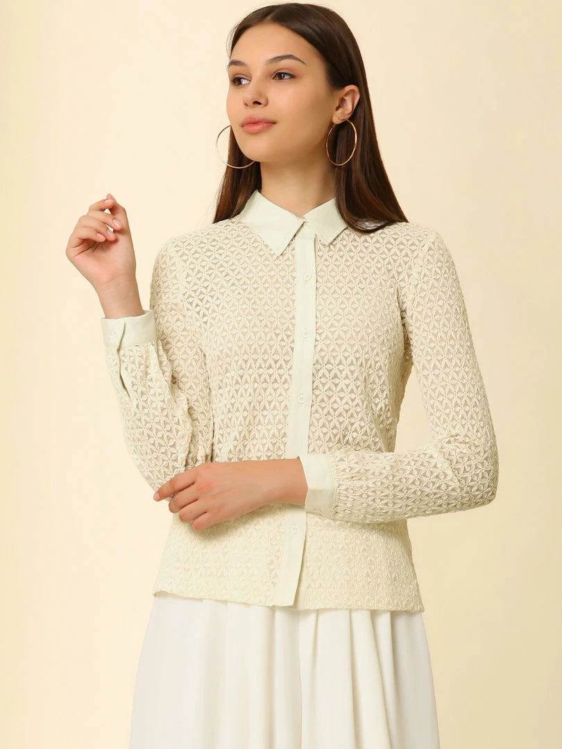 Allegra K Women's Lace Elegant Casual Long Sleeve Button Down Shirt 7 Allegra K Women's Lace Elegant Casual Long Sleeve Button Down Shirt