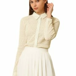 Allegra K Women's Lace Elegant Casual Long Sleeve Button Down Shirt