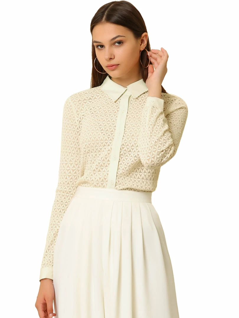 Allegra K Women's Lace Elegant Casual Long Sleeve Button Down Shirt 4 Allegra K Women's Lace Elegant Casual Long Sleeve Button Down Shirt