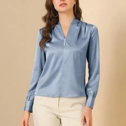 Allegra K Women's V Neck Decor Button Pleated Solid Office Long Sleeve Shirt