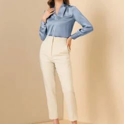 Allegra K Women's V Neck Decor Button Pleated Solid Office Long Sleeve Shirt