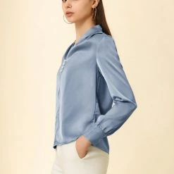 Allegra K Women's V Neck Decor Button Pleated Solid Office Long Sleeve Shirt