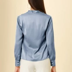 Allegra K Women's V Neck Decor Button Pleated Solid Office Long Sleeve Shirt