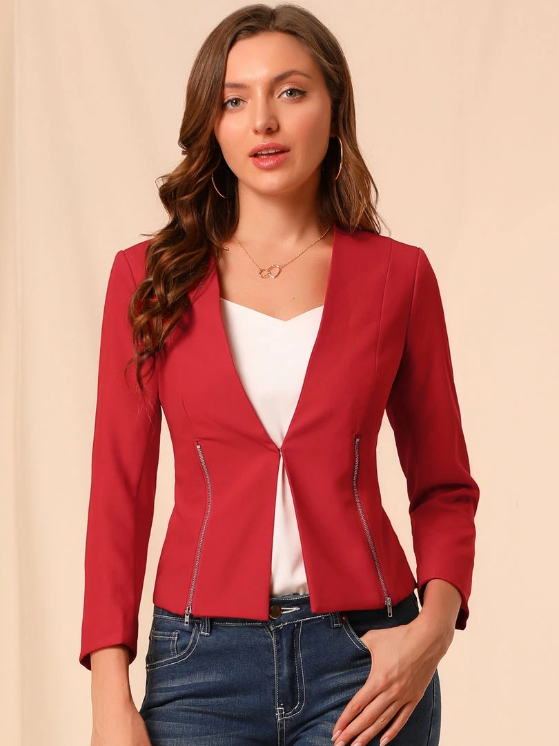 Allegra K Women's Work Office Open Front Zipper Collarless Cropped Blazer 28 Allegra K Women's Work Office Open Front Zipper Collarless Cropped Blazer