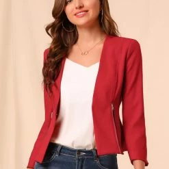 Allegra K Women's Work Office Open Front Zipper Collarless Cropped Blazer 76 Allegra K Women's Work Office Open Front Zipper Collarless Cropped Blazer