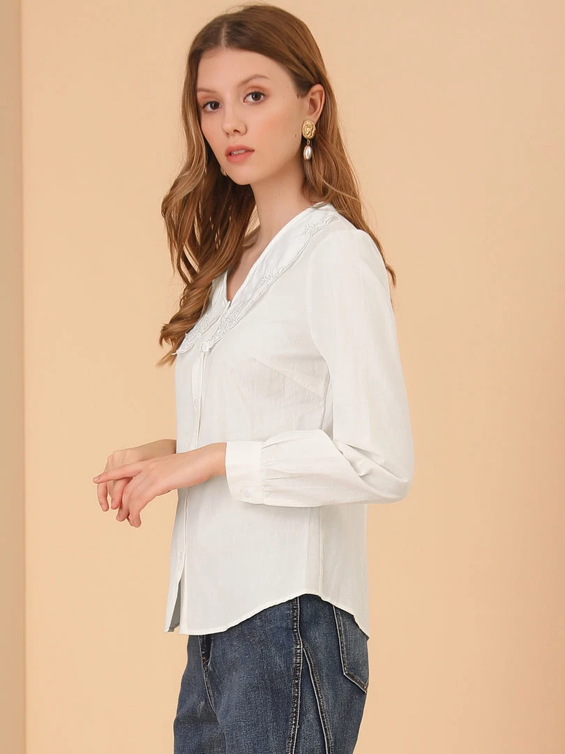 Allegra K Women's Lace Embroidery Peter Pan Collar Shirt Lantern Sleeve Button Blouse Top 5 Allegra K Women's Lace Embroidery Peter Pan Collar Shirt Lantern Sleeve Button Blouse Top