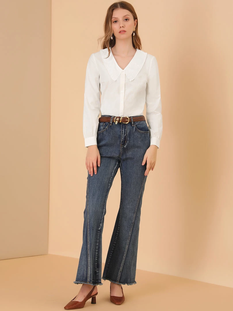 Allegra K Women's Lace Embroidery Peter Pan Collar Shirt Lantern Sleeve Button Blouse Top 6 Allegra K Women's Lace Embroidery Peter Pan Collar Shirt Lantern Sleeve Button Blouse Top