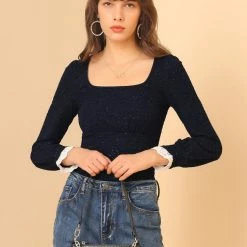 Allegra K Women's Elegant Square Neck Lace Panel Stretchy Long Sleeve Top Blouse