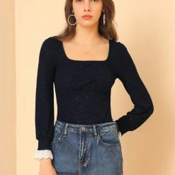 Allegra K Women's Elegant Square Neck Lace Panel Stretchy Long Sleeve Top Blouse