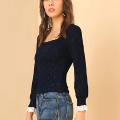 Allegra K Women's Elegant Square Neck Lace Panel Stretchy Long Sleeve Top Blouse