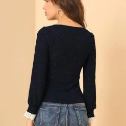 Allegra K Women's Elegant Square Neck Lace Panel Stretchy Long Sleeve Top Blouse