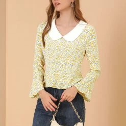 Allegra K Women's Floral Contrast Peter Pan Collar Bell Sleeve Peplum Blouses Tops