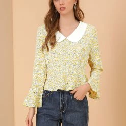 Allegra K Women's Floral Contrast Peter Pan Collar Bell Sleeve Peplum Blouses Tops