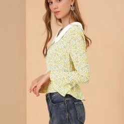 Allegra K Women's Floral Contrast Peter Pan Collar Bell Sleeve Peplum Blouses Tops