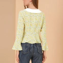 Allegra K Women's Floral Contrast Peter Pan Collar Bell Sleeve Peplum Blouses Tops