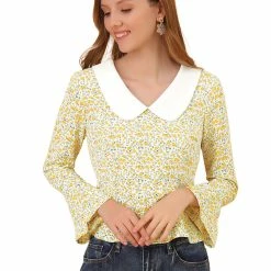 Allegra K Women's Floral Contrast Peter Pan Collar Bell Sleeve Peplum Blouses Tops